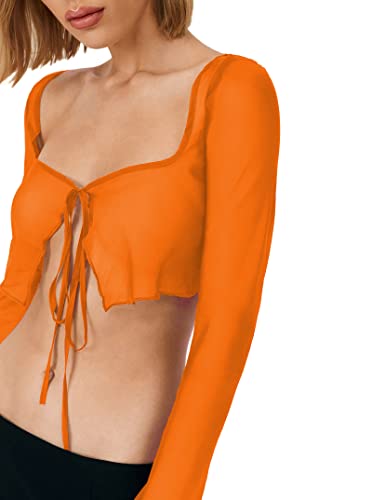 Remidoo Women's Sexy Sheer Mesh Tie Front Crop Top Long Sleeve See Through Cardigan Cover Up Shirt Hot Pink Large