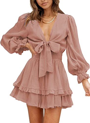 Dokotoo Women Dresses Cute Spring Boho Fall Casual Sexy Deep V Neck Ruffle Chiffon Lantern Long Sleeve Elegant Floral Printed Hawaiian Flowy Mini Short Skirt Dresses for Women Party 2022 X-Large