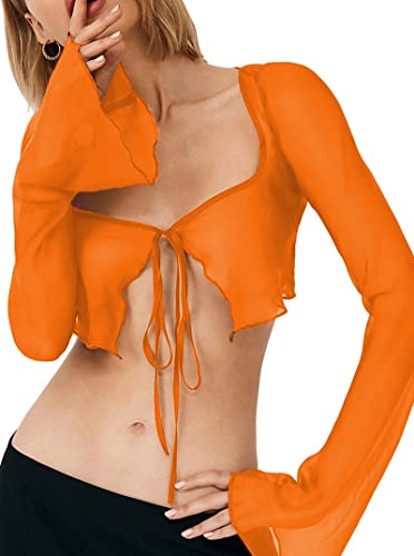 Remidoo Women's Sexy Sheer Mesh Tie Front Crop Top Long Sleeve See Through Cardigan Cover Up Shirt Hot Pink Large