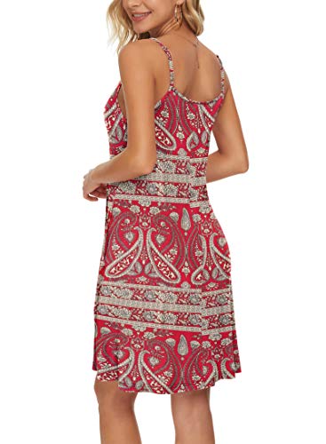 WNEEDU Women Summer Dress Sexy V Neck Button Down Floral Print Swing Mini Tunic Dress with Pockets (XL, Rose White)