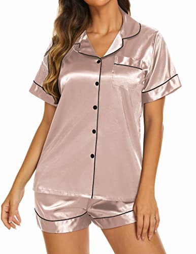 Ekouaer Silk Pjs Set Women's Comfy Button Up Pajamas Short Sleeve Sleeping Wear 2 Piece Lounge Shorts Set Champagne,S