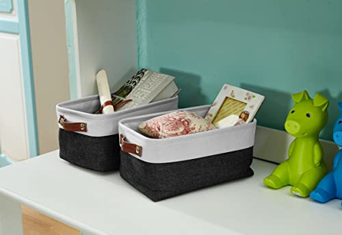 DECOMOMO Foldable Small Storage Bin | Rugged Canvas Fabric Basket Container W/ Leather Handles | Great for Organizing Closets, Offices, Nurseries and Homes (Grey and White, Small - 6 Pack)