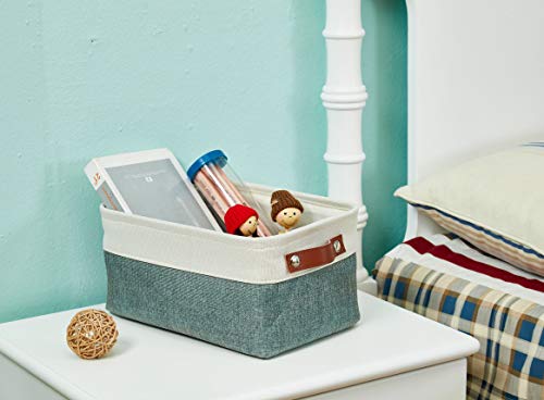 DECOMOMO Foldable Small Storage Bin | Rugged Canvas Fabric Basket Container W/ Leather Handles | Great for Organizing Closets, Offices, Nurseries and Homes (Grey and White, Small - 6 Pack)