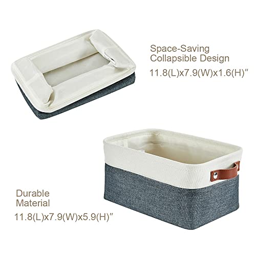 DECOMOMO Foldable Small Storage Bin | Rugged Canvas Fabric Basket Container W/ Leather Handles | Great for Organizing Closets, Offices, Nurseries and Homes (Grey and White, Small - 6 Pack)