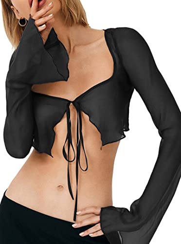 Remidoo Women's Sexy Sheer Mesh Tie Front Crop Top Long Sleeve See Through Cardigan Cover Up Shirt Hot Pink Large