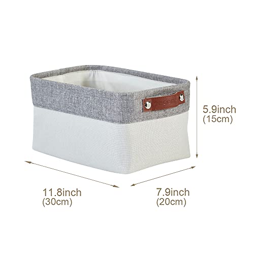 DECOMOMO Foldable Small Storage Bin | Rugged Canvas Fabric Basket Container W/ Leather Handles | Great for Organizing Closets, Offices, Nurseries and Homes (Grey and White, Small - 6 Pack)