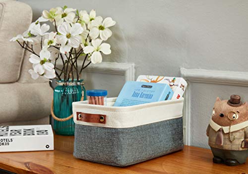 DECOMOMO Foldable Small Storage Bin | Rugged Canvas Fabric Basket Container W/ Leather Handles | Great for Organizing Closets, Offices, Nurseries and Homes (Grey and White, Small - 6 Pack)