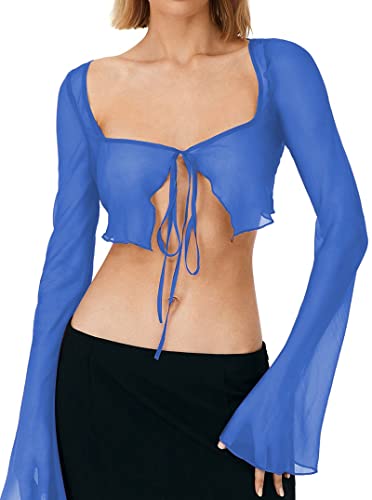 Remidoo Women's Sexy Sheer Mesh Tie Front Crop Top Long Sleeve See Through Cardigan Cover Up Shirt Hot Pink Large