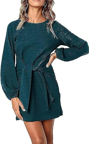 PRETTYGARDEN Women’s Elegant Long Lantern Sleeve Short Dress Crewneck Tie Waist Knit Cocktail Dress Dark Green
