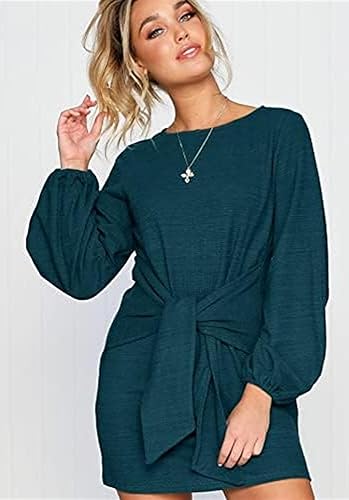 PRETTYGARDEN Women’s Elegant Long Lantern Sleeve Short Dress Crewneck Tie Waist Knit Cocktail Dress Dark Green