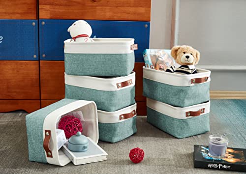 DECOMOMO Foldable Small Storage Bin | Rugged Canvas Fabric Basket Container W/ Leather Handles | Great for Organizing Closets, Offices, Nurseries and Homes (Grey and White, Small - 6 Pack)