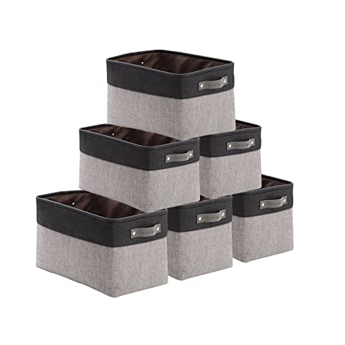 DECOMOMO Foldable Small Storage Bin | Rugged Canvas Fabric Basket Container W/ Leather Handles | Great for Organizing Closets, Offices, Nurseries and Homes (Grey and White, Small - 6 Pack)