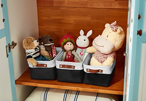 DECOMOMO Foldable Small Storage Bin | Rugged Canvas Fabric Basket Container W/ Leather Handles | Great for Organizing Closets, Offices, Nurseries and Homes (Grey and White, Small - 6 Pack)