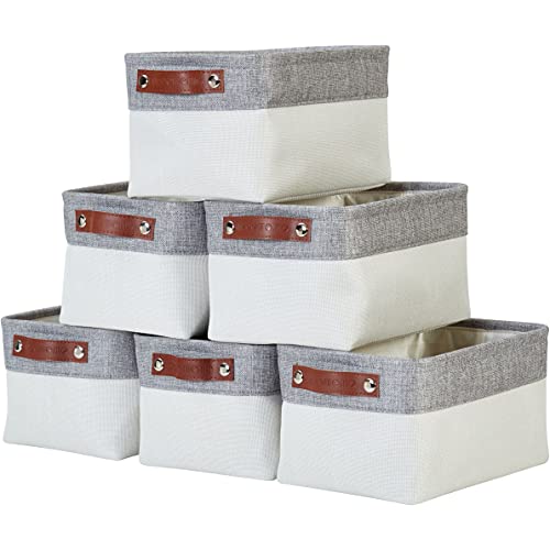 DECOMOMO Foldable Small Storage Bin | Rugged Canvas Fabric Basket Container W/ Leather Handles | Great for Organizing Closets, Offices, Nurseries and Homes (Grey and White, Small - 6 Pack)