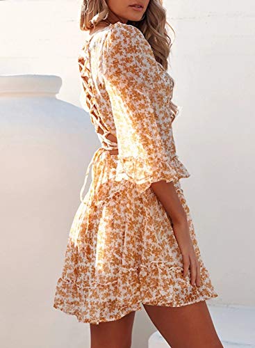 Dokotoo Women Dresses Cute Spring Boho Fall Casual Sexy Deep V Neck Ruffle Chiffon Lantern Long Sleeve Elegant Floral Printed Hawaiian Flowy Mini Short Skirt Dresses for Women Party 2022 X-Large