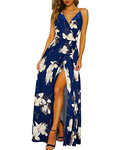 II ININ Women's Deep V-Neck Casual Dress Summer Backless Floral Print Split Maxi Dress for Beach Party(Navy,L)