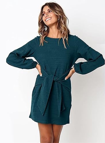 PRETTYGARDEN Women’s Elegant Long Lantern Sleeve Short Dress Crewneck Tie Waist Knit Cocktail Dress Dark Green
