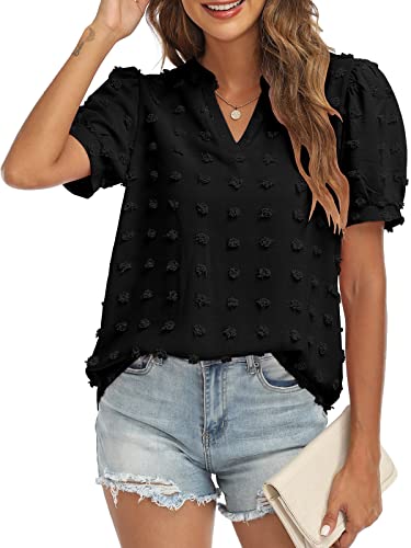 RANPHEE Womens Summer Black V Neck Puff Short Sleeve Tops Casual Business Work Blouses Cute Dressy Swiss Dot Shirts L