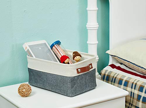 DECOMOMO Foldable Small Storage Bin | Rugged Canvas Fabric Basket Container W/ Leather Handles | Great for Organizing Closets, Offices, Nurseries and Homes (Grey and White, Small - 6 Pack)