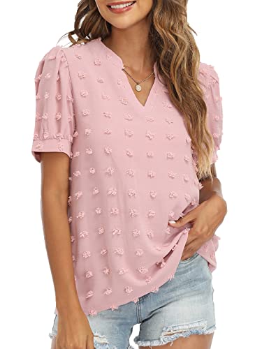 RANPHEE Womens Summer Black V Neck Puff Short Sleeve Tops Casual Business Work Blouses Cute Dressy Swiss Dot Shirts L