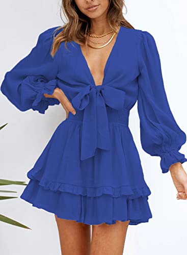 Dokotoo Women Dresses Cute Spring Boho Fall Casual Sexy Deep V Neck Ruffle Chiffon Lantern Long Sleeve Elegant Floral Printed Hawaiian Flowy Mini Short Skirt Dresses for Women Party 2022 X-Large