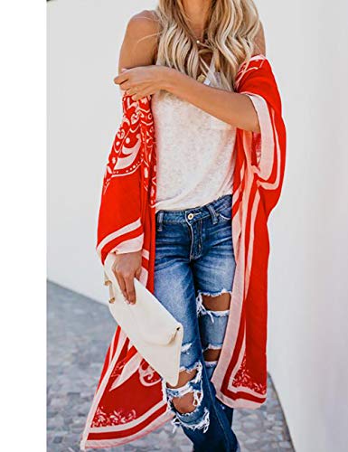 Bsubseach Loose Printed 3/4 Sleeve Kimono Cardigan