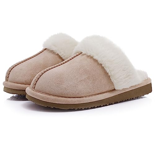 Litfun Women's Fuzzy Memory Foam Slippers Fluffy Winter House Shoes Indoor and Outdoor, Brown 7-7.5