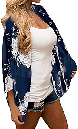 Naivikid Women's Summer Floral Print Kimonos Loose Half Sleeve Chiffon Cardigan Blouses Casual Cover Up White Red Flowers L