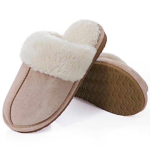 Litfun Women's Fuzzy Memory Foam Slippers Fluffy Winter House Shoes Indoor and Outdoor, Brown 7-7.5