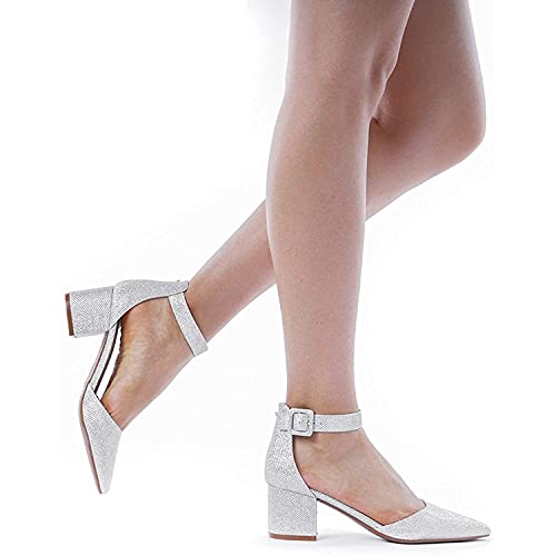 DREAM PAIRS Women's Annee Silver Glitter Low Heel Pump Shoes - 8 M US