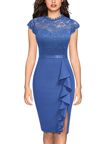 Miusol Women's Retro Floral Lace Ruffle Style Cocktail Mini Dress Navy Blue