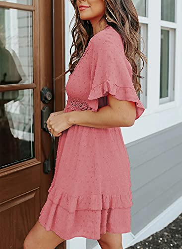 Dokotoo Women Dresses Cute Spring Boho Fall Casual Sexy Deep V Neck Ruffle Chiffon Lantern Long Sleeve Elegant Floral Printed Hawaiian Flowy Mini Short Skirt Dresses for Women Party 2022 X-Large