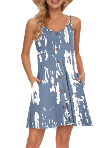 WNEEDU Women Summer Dress Sexy V Neck Button Down Floral Print Swing Mini Tunic Dress with Pockets (XL, Rose White)