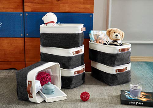 DECOMOMO Foldable Small Storage Bin | Rugged Canvas Fabric Basket Container W/ Leather Handles | Great for Organizing Closets, Offices, Nurseries and Homes (Grey and White, Small - 6 Pack)