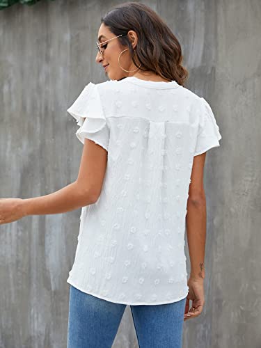 Blooming Jelly Womens White Blouse V Neck Ruffle Sleeve