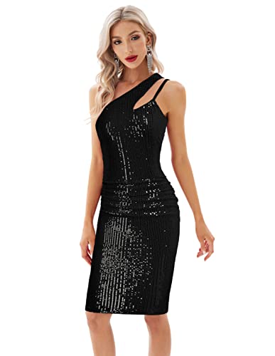 GRACE KARIN Women Sexy Sequin Cutout Bodycon One Shoulder Ruched Cocktail Dress Black S