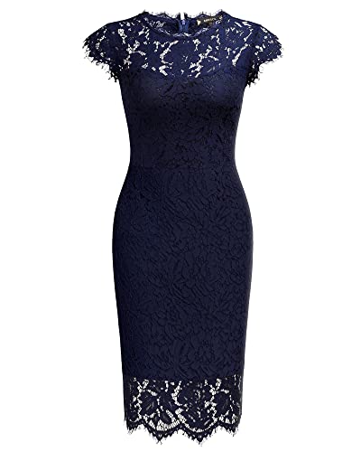 Miusol Women's Retro Floral Lace Slim Evening Cocktail Mini Dress (Small, Navy Blue)
