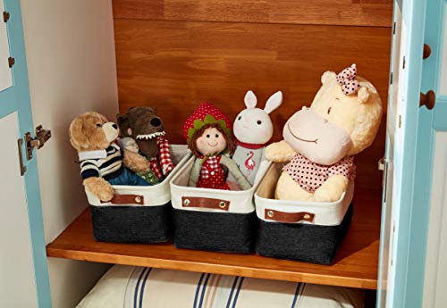 DECOMOMO Foldable Small Storage Bin | Rugged Canvas Fabric Basket Container W/ Leather Handles | Great for Organizing Closets, Offices, Nurseries and Homes (Grey and White, Small - 6 Pack)