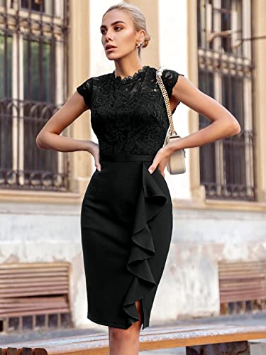 Miusol Women's Retro Floral Lace Ruffle Style Cocktail Mini Dress Navy Blue