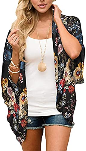 Naivikid Women's Summer Floral Print Kimonos Loose Half Sleeve Chiffon Cardigan Blouses Casual Cover Up White Red Flowers L