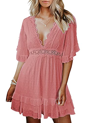 Dokotoo Women Dresses Cute Spring Boho Fall Casual Sexy Deep V Neck Ruffle Chiffon Lantern Long Sleeve Elegant Floral Printed Hawaiian Flowy Mini Short Skirt Dresses for Women Party 2022 X-Large