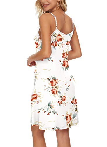 WNEEDU Women Summer Dress Sexy V Neck Button Down Floral Print Swing Mini Tunic Dress with Pockets (XL, Rose White)