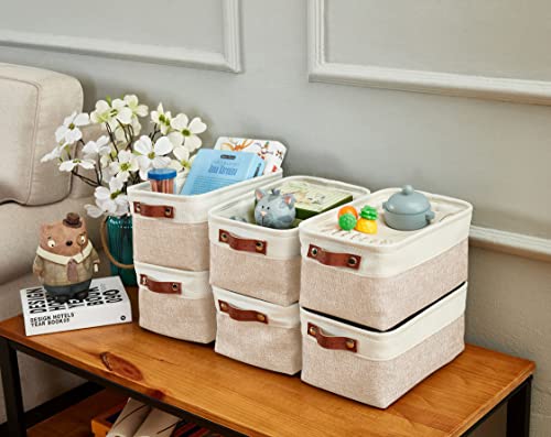 DECOMOMO Foldable Small Storage Bin | Rugged Canvas Fabric Basket Container W/ Leather Handles | Great for Organizing Closets, Offices, Nurseries and Homes (Grey and White, Small - 6 Pack)