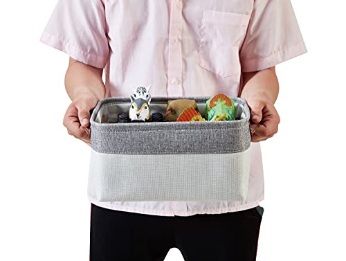DECOMOMO Foldable Small Storage Bin | Rugged Canvas Fabric Basket Container W/ Leather Handles | Great for Organizing Closets, Offices, Nurseries and Homes (Grey and White, Small - 6 Pack)