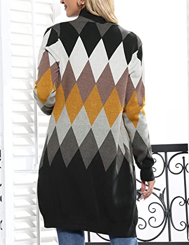 GRACE KARIN Women's Cardigan Sweater Color Block Long Sleeve Casual Long Sleeve Argyle Black S