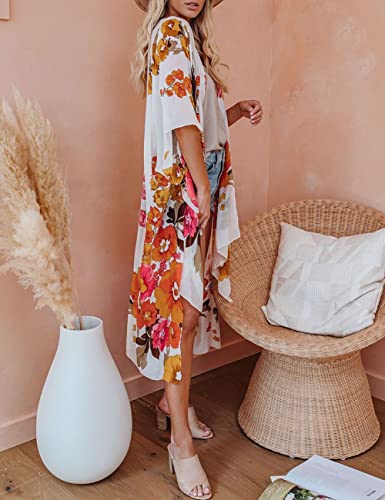 Bsubseach Loose Printed 3/4 Sleeve Kimono Cardigan