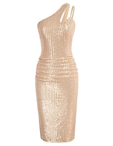 GRACE KARIN Women Sexy Sequin Cutout Bodycon One Shoulder Ruched Cocktail Dress Black S