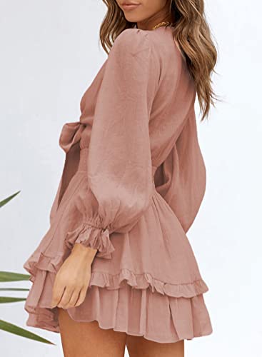 Dokotoo Women Dresses Cute Spring Boho Fall Casual Sexy Deep V Neck Ruffle Chiffon Lantern Long Sleeve Elegant Floral Printed Hawaiian Flowy Mini Short Skirt Dresses for Women Party 2022 X-Large