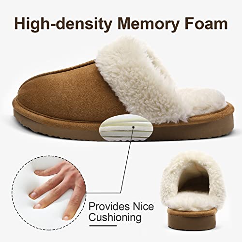 Litfun Women's Fuzzy Memory Foam Slippers Fluffy Winter House Shoes Indoor and Outdoor, Brown 7-7.5