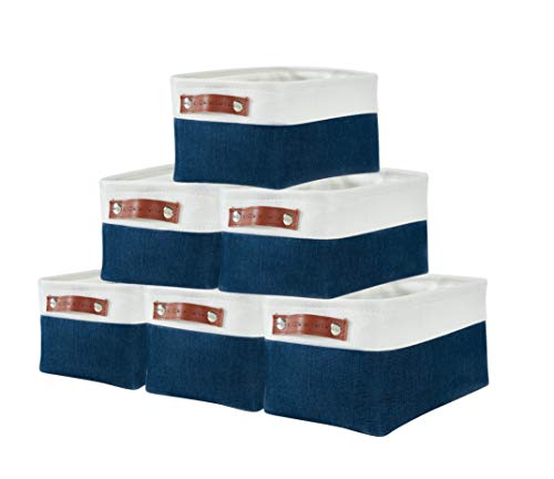 DECOMOMO Foldable Small Storage Bin | Rugged Canvas Fabric Basket Container W/ Leather Handles | Great for Organizing Closets, Offices, Nurseries and Homes (Grey and White, Small - 6 Pack)